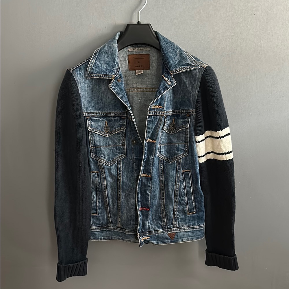 Guess Blue and Black Bomber Varsity Jacket